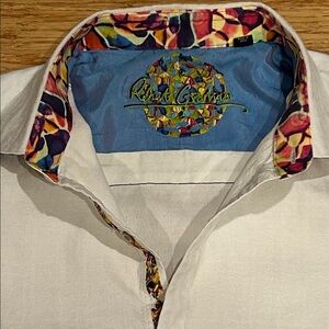 Robert Graham White Textured Shirt w/Multicolor Embroidered Trim Cuffs XL